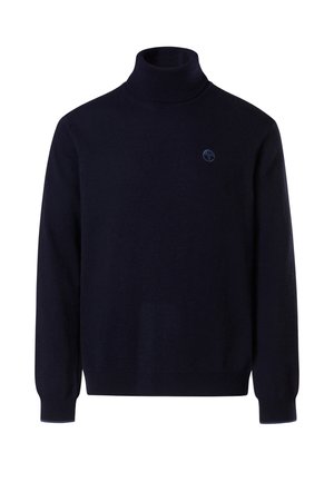 Maglione dolcevita blu navy realizzato in morbido materiale a maglia, con maniche lunghe e un piccolo logo blu scuro sul petto.