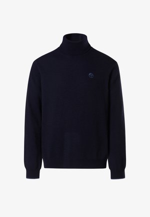 Pull à col roulé bleu marine en maille douce, avec manches longues et un petit logo bleu foncé sur la poitrine.
