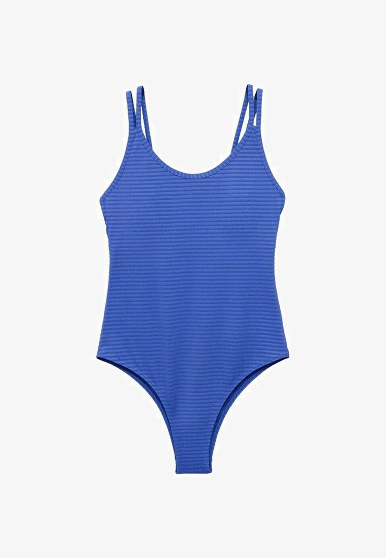 Costume intero blu con spalline sottili, motivo a costine testurizzato, aperture delle gambe alte e scollatura a forma di cono.