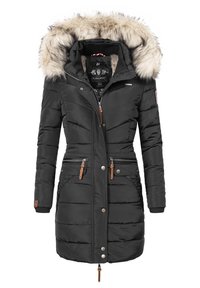 Black puffer coat with a fur-lined hood, quilted texture, zippered pockets, and brown leather accents. Features ribbed cuffs and a drawstring hem.