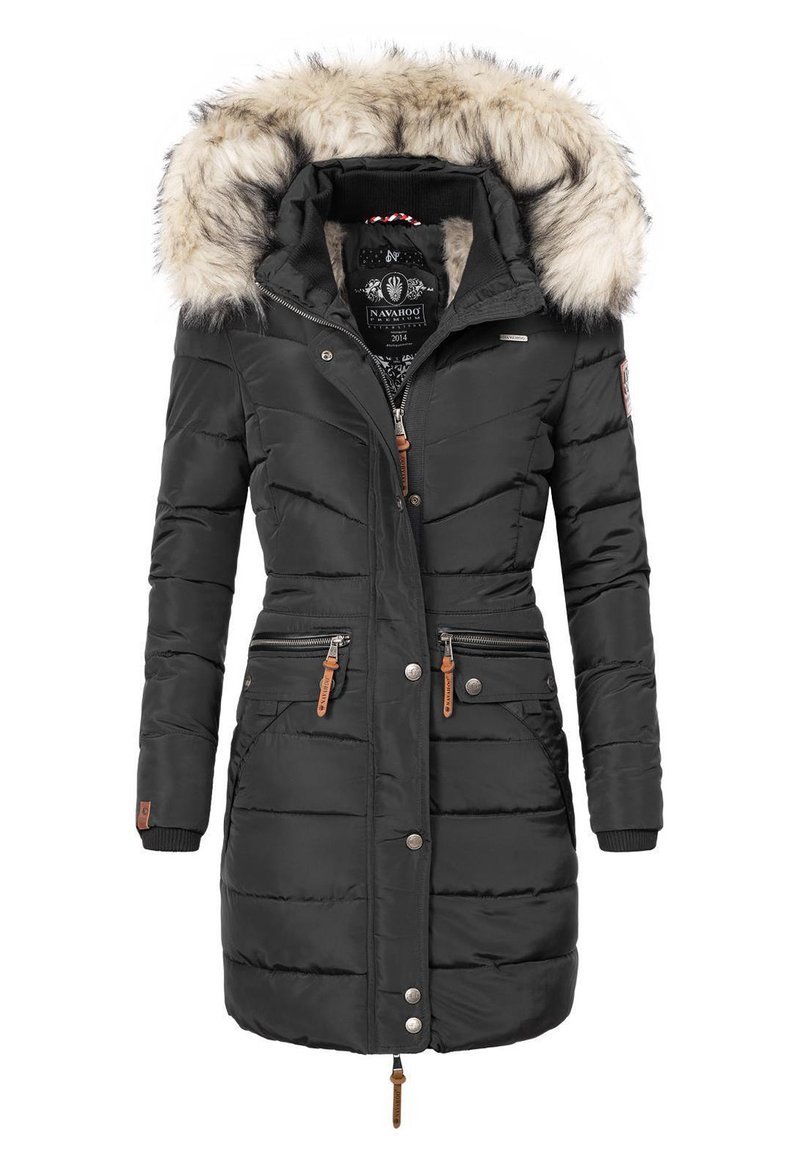 Black puffer coat with a fur-lined hood, quilted texture, zippered pockets, and brown leather accents. Features ribbed cuffs and a drawstring hem.