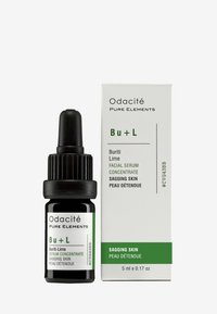 Siero viso al Buriti e Lime in una bottiglia nera con pipetta a torsione, accompagnato da una scatola bianca con accenti verdi e testo.