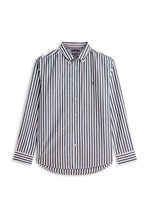 Herrenlangarmhemd mit vertikalen schwarz-weißen Streifen, Button-Down-Kragen und kleinem Logo auf der linken Brust.