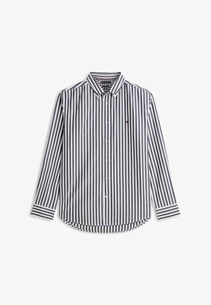 Herrenlangarmhemd mit vertikalen schwarz-weißen Streifen, Button-Down-Kragen und kleinem Logo auf der linken Brust.