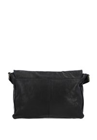Black leather clutch bag with a soft texture, flat rectangular shape, top flap closure, and an adjustable strap on one side.