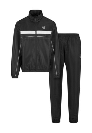 Black tracksuit with a zip-up jacket featuring white stripes across the chest, elastic cuffs, and matching pants with an elastic waistband.