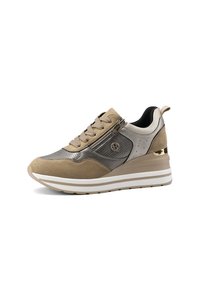Scarpa sportiva beige e metallizzata con lacci, dettagli con zip e suola con zeppa imbottita.Parte superiore in suede e rete con accenti decorativi.