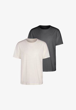 Zwei kurzärmelige T-Shirts, eines in Weiß und eines in Dunkelgrau, aus weichem Stoff. Beide haben einen runden Halsausschnitt und ein lockeres Fit-Design.