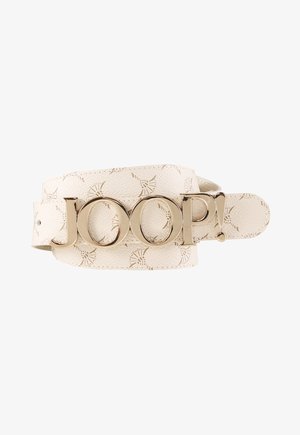 Ceinture en cuir blanc avec motif embossé et boucle dorée affichant "JOOP!" en grandes lettres.