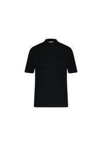 Zwarte top met korte mouwen en een opstaande kraag. Gemaakt van een gladde, rekbare stof. Beschikt over een reguliere pasvorm en een minimalistisch design.