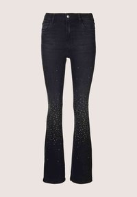 Zwarte flared jeans van denim met een hoge taille, voorzien van een verloop van zilveren studs versieringen naar de zoom toe. Klassiek ontwerp met vijf zakken.