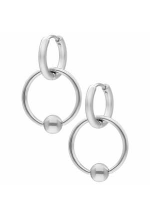 Silberne Metall-Creolen mit einem größeren äußeren Kreis und einer kleineren inneren Kugel, glatte Oberfläche mit minimalistischem Design.