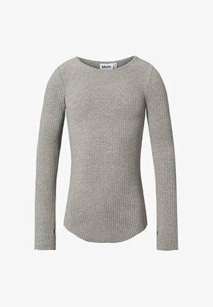 Lysegrå ribbet langærmet skjorte med rund halsudskæring og tommelhuller på ærmerne, mærket Molo.