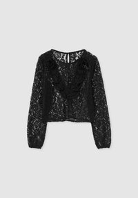 Blusa corta in pizzo nero con maniche lunghe, caratterizzata da una profonda scollatura a V e dettagli arricciati sul davanti. Tessuto trasparente con motivo floreale.