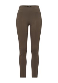 Leggings marron taille haute en matériau extensible. Caractéristiques de deux poches avant, d'une texture lisse et de jambes fuselées.