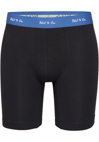 Svarta boxer kalsonger i mjukt tyg med en blå elastisk midja som har vit text. Standard passform med en slät textur och sömmar.