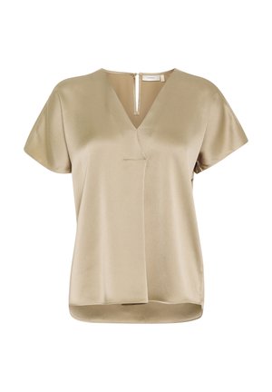 Beżowa bluzka z krótkim rękawem, dekoltem w kształcie litery V, teksturowanym materiałem, asymetrycznym szwem z przodu i częściowym zapięciem na zamek z tyłu.
