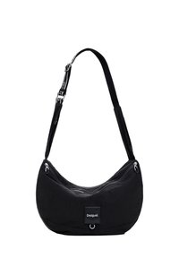 Borsa a spalla nera realizzata in nylon testurizzato, con forma curva, chiusura con zip, tracolla regolabile e una piccola etichetta con logo.