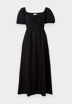 Vestido maxi de linho preto com decote quadrado, mangas curtas bufantes, cintura elástica e saia fluida. Design minimalista com textura suave.