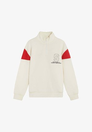 Kremfarvet sweatshirt med kvart-lynlås med røde striber på ærmerne og "S" logo med teksten "The Scalpers Co. University Rugby League" på venstre bryst.