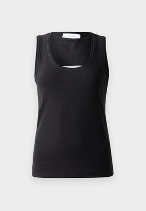 Camisola preta sem mangas feita de tecido canelado, com decote em forma de U e um pequeno detalhe em recorte na frente para um toque adicional de design.