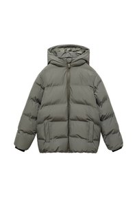 Podšitá kapucňová bunda v olivovozelenej farbe, s predným zipsom, dvoma veľkými bočnými vreckami a elastickými manžetami pre väčšie teplo a pohodlie.