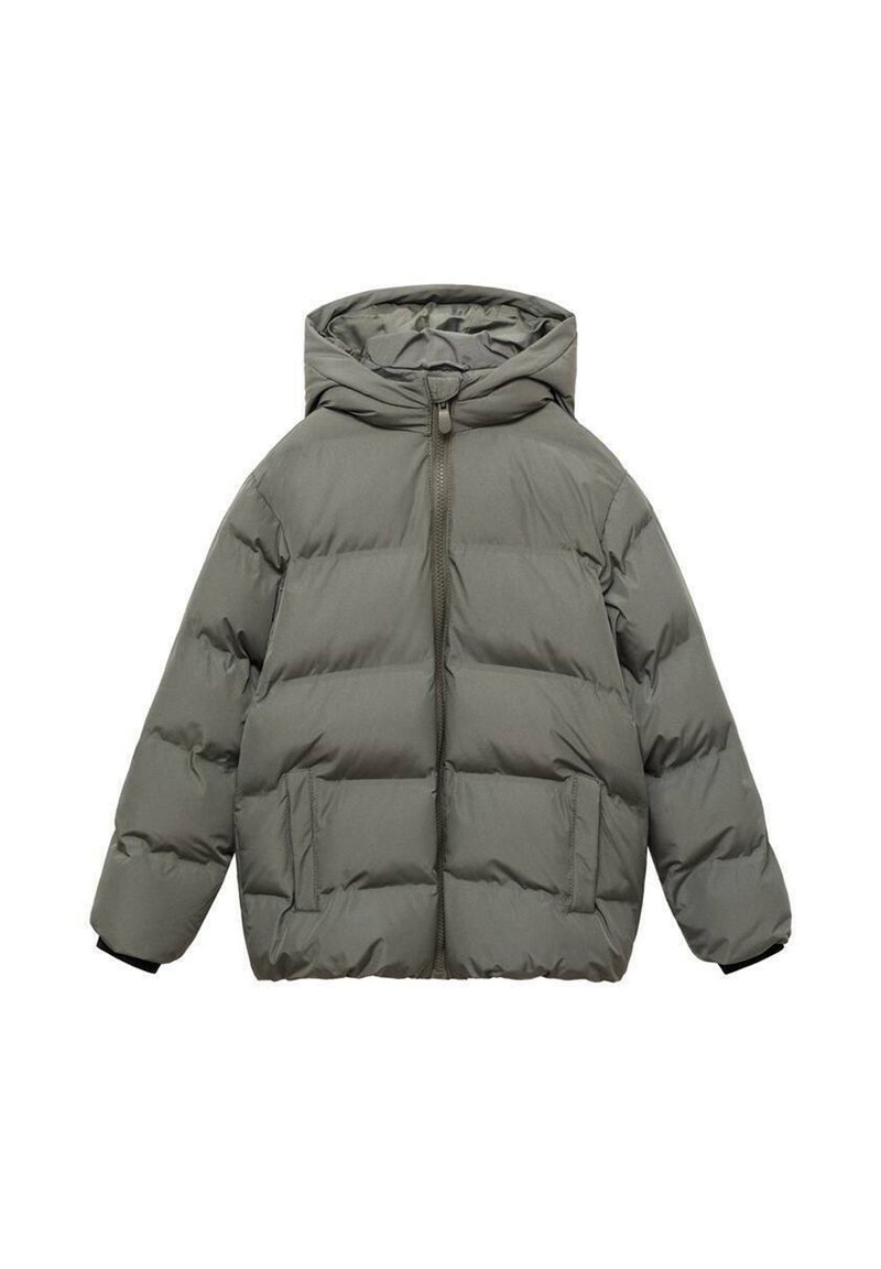 Podložena kapuca jakna v olivno zeleni barvi, z sprednjim zadrgo, dvema velikima stranskima žepoma in elastikami na manšetah za dodatno toplino in udobje.