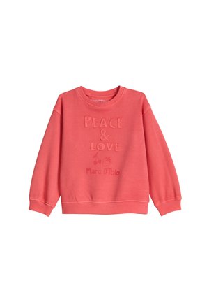 Koralowy, różowy, długi rękaw bluza z prążkowanymi mankietami i dołem, z wypukłym napisem "PEACE & LOVE" oraz małymi ilustracjami owoców.
