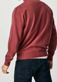 Burgundské pulóvr s kapucí vyrobený z měkkého materiálu s žebrovaným lemem a manžetami, s klasickým límcem a minimalistickým designem. Viditelné tmavé džíny.