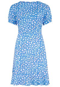 Blå klänning med korta ärmar som har ett flerfärgat prickigt mönster, med en figursydd midja och utsvängd kjol. Tillverkad av lätt tyg.