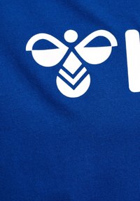 Blått tyg med en vit grafisk design av en stiliserad geting med symmetriska vingar och en geometrisk kropp.