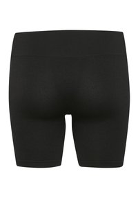 Svarta stretchshorts med slät yta, medelhög midjeresår, och inga synliga sömmar eller dekorationer på baksidan.