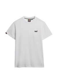 T-shirt bianca in cotone con collo rotondo, maniche corte e un piccolo logo blu sul lato sinistro del petto. Design semplice e senza decorazioni.