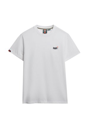 T-shirt bianca in cotone con collo rotondo, maniche corte e un piccolo logo blu sul lato sinistro del petto. Design semplice e senza decorazioni.