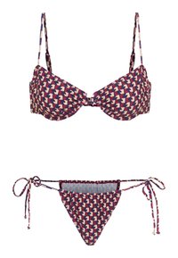 Bikini komplekts ar daudzkrāsainu ģeometrisku rakstu. Mīksta auduma, krūšturis ar stieples atbalstu un regulējamām siksnām, kā arī bikini apakšdaļa ar saitējamām pusēm.