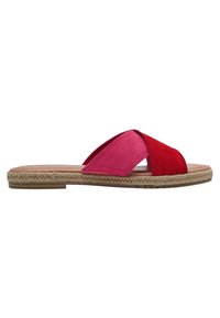 Sandalo flat con design incrociato, realizzato in suede rosso e rosa, con una soletta imbottita e una suola intermedia in juta intrecciata.