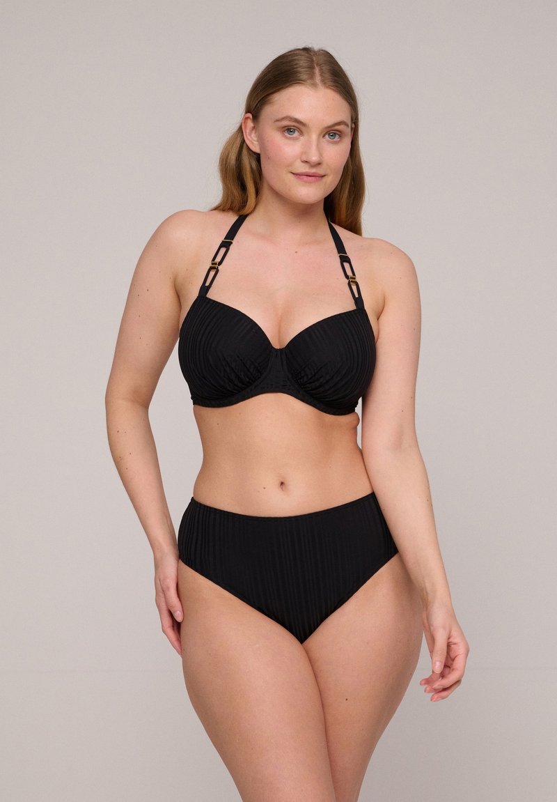 Czarny bikini z prążkowaną teksturą, usztywnionym topem z fiszbinami z akcentami w kolorze złotym oraz wysokim dołem.