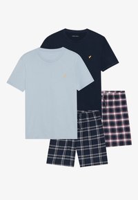 Set of two T-shirts in light blue and navy, both with gold logo, and plaid shorts in navy, white, and red. Cotton fabric, casual design.