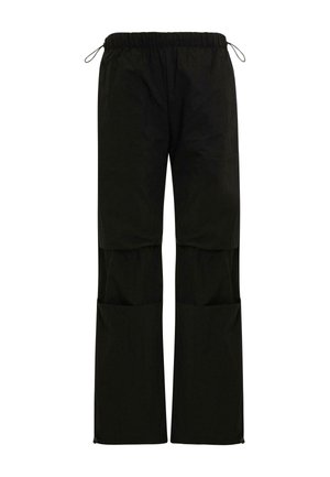Pantalons légers noirs, avec une taille élastique, des ajustements par cordon de serrage, des poches latérales et une coupe droite. Texture lisse.