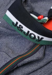 Grijze polo met een zwarte geribbelde kraag met witte en groene strepen, en een rode knop; bevat tekstdetail "J&JOY".