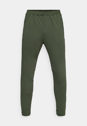 Green polyester jogger pants with an elastic waistband, tapered legs, and side pockets, featuring stitched details and smooth texture.