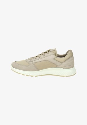 Beige sneaker with a mix of smooth and textured fabric, low-profile design, round toe, lace-up closure, and a white rubber sole.