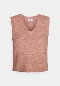 Ärmelsestehenstrickweste in einem staubigen Pink- und Braunmix mit V-Ausschnitt und geripptem Textur, flach gefaltet auf einem weißen Hintergrund.