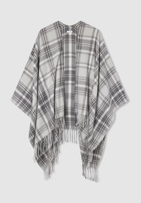Poncho a quadri in grigio e bianco, caratterizzato da una vestibilità ampia, maniche larghe e orlo frangiato. Realizzato in un materiale morbido e testurizzato.