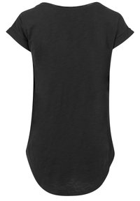 Black short-sleeve shirt with a curved hem, featuring a relaxed fit and a smooth, lightweight fabric texture.