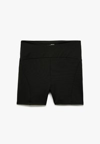 Pantaloni sportivi neri realizzati in tessuto elastico, con fascia alta in vita, superficie liscia e cuciture piatte per comfort.