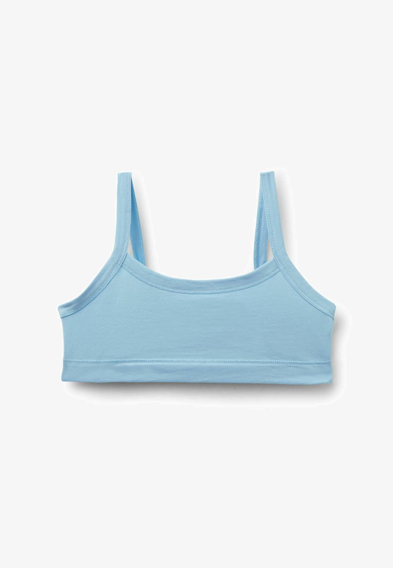 Débardeur court bleu clair avec fines bretelles et détails de couture simples sur fond blanc.