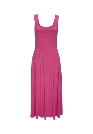 Sleeveless pink midi dress with a square neckline and a gathered waist skirt, displayed on a plain white background.