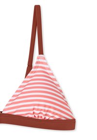 Trojúhelníkový bikini top s růžovými a bílými pruhy, hnědými šňůrkami, hladkým povrchem a dekorativním stehem podél okrajů.