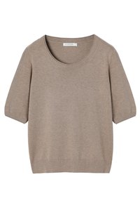 Pull beige à manches courtes avec un col rond, tissu en maille texturée et ourlets côtelés, offrant une coupe décontractée et un design minimaliste.